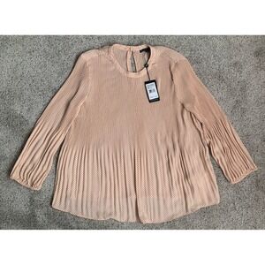 NWT Adrianna‎ Papell Champagne Polka Dot Pleated Georgette L/S Blouse LARGE